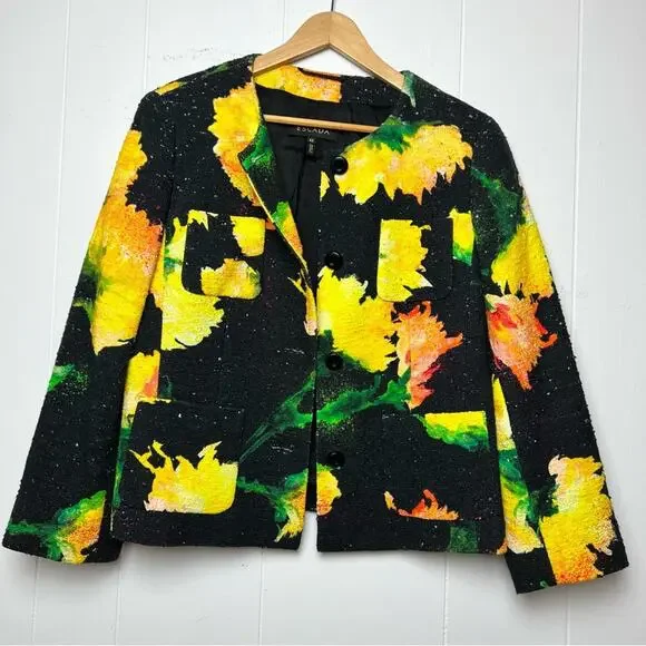 Escada Tweed Black Yellow Floral Cropped Jacket Women’s Size Large/EU40